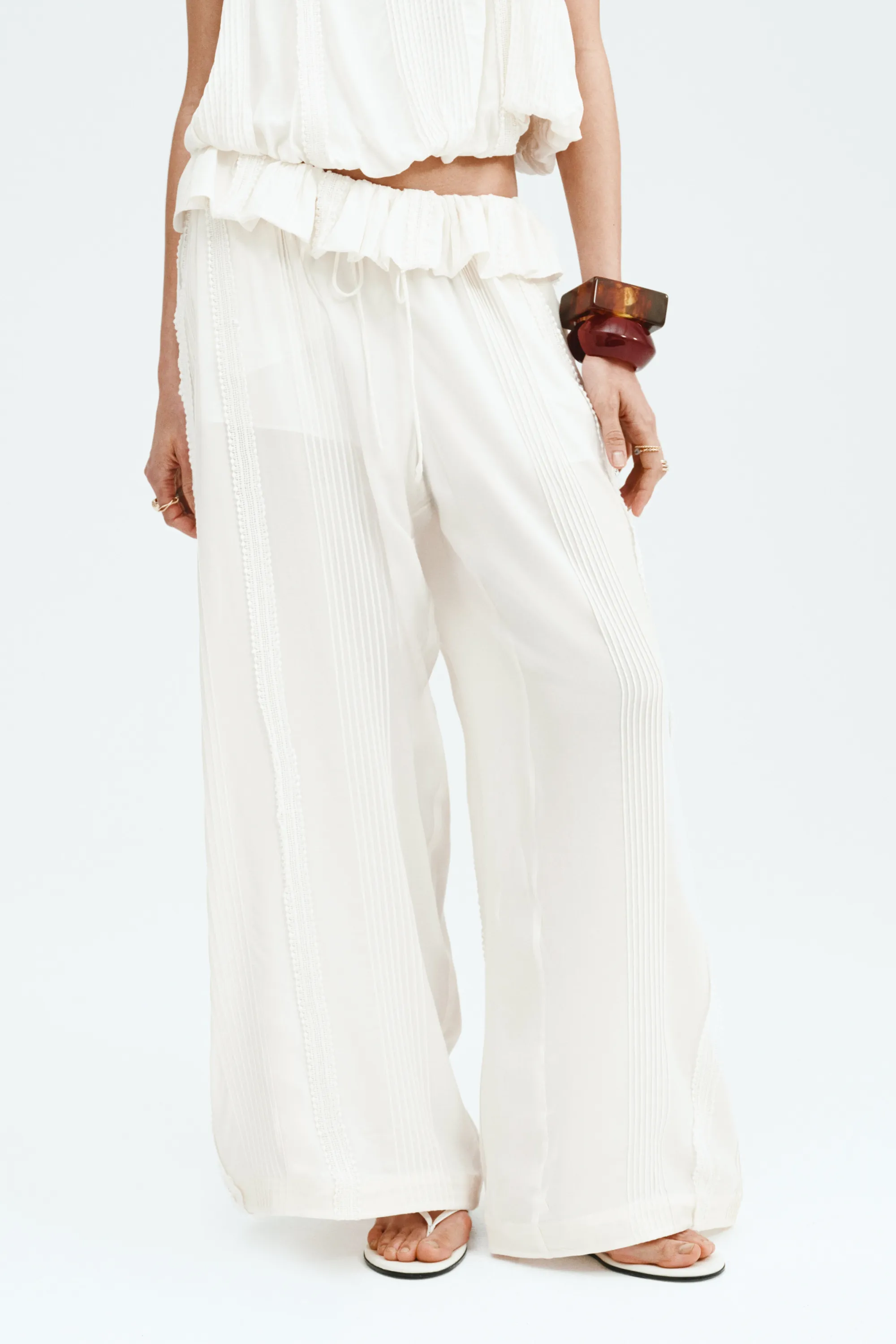 Pantalon avec plis nervure - Crème