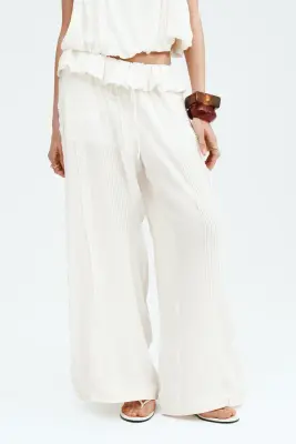 Pantalon avec plis nervure - Crème — photo 1