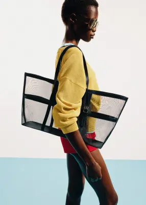 Sac cabas en mesh à détails en cuir - Noir — photo 2