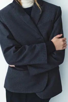 Blazer à fermeture droite en twill - Bleu marine/carreaux — photo 4