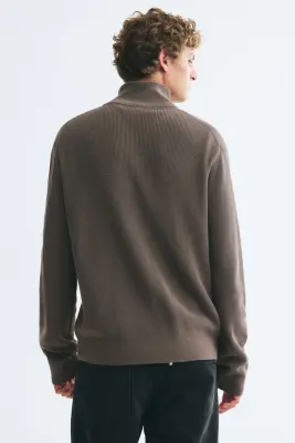 Pull Regular Fit avec col zippé - Taupe foncé — photo 4