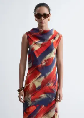 Scarf-Detail Midi Dress - Rouge/Imprimé — photo 2