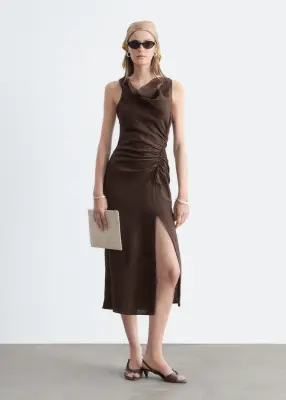 Robe midi en lin à bretelle torsadée - Marron foncé — photo 2