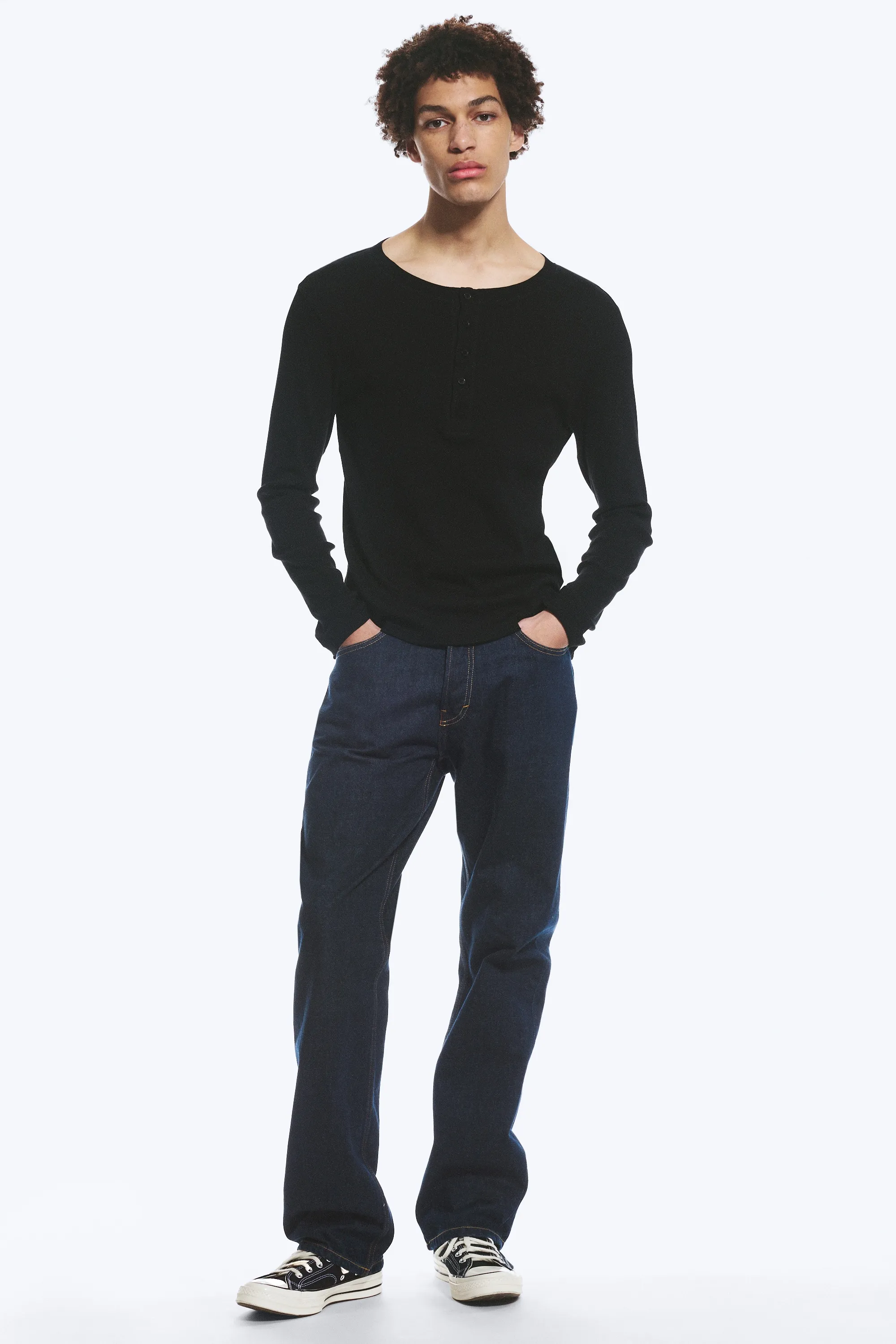 T-shirt Henley manches longues - Noir
