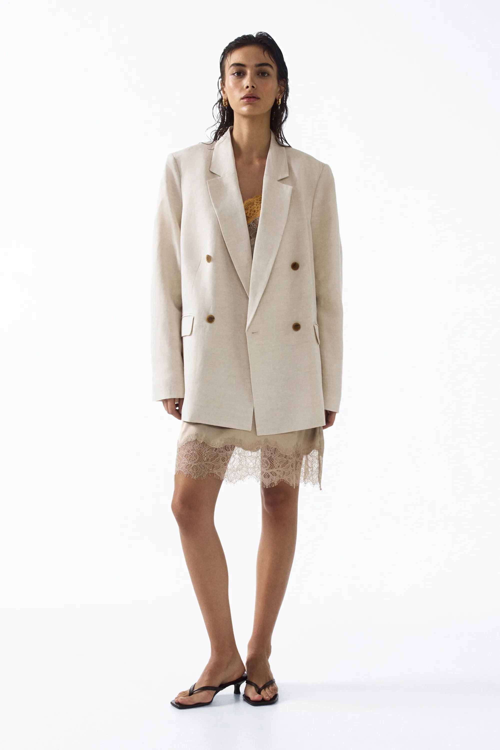 Blazer à fermeture croisée en lin mélangé - Beige clair
