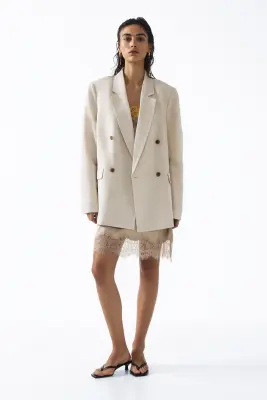 Blazer à fermeture croisée en lin mélangé - Beige clair — photo 1