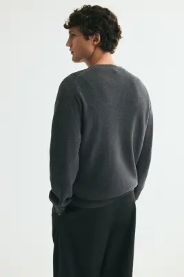 Pull Regular Fit en maille de coton côtelée - Gris foncé — photo 3