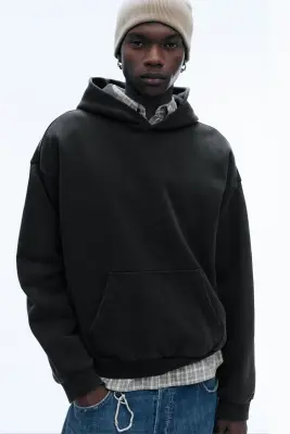 Sweat à capuche ample en coton lourd - Noir — photo 2