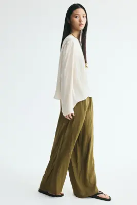 Pantalon froissé en viscose mélangée - Vert kaki foncé — photo 2