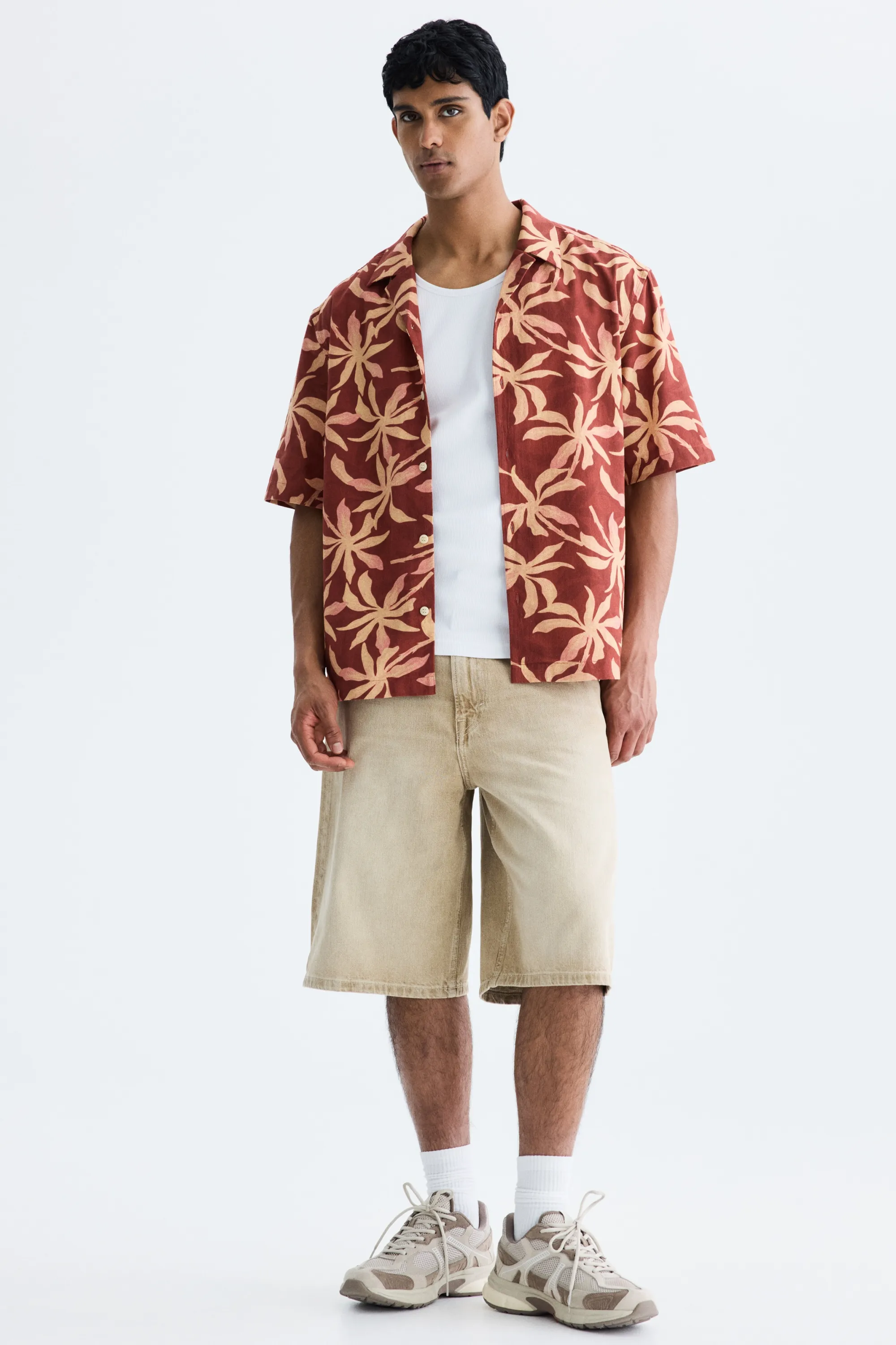 Chemise Relaxed Fit en coton avec col cubain - Rouge rouille/motif