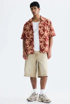 Chemise Relaxed Fit en coton avec col cubain - Rouge rouille/motif — photo 1
