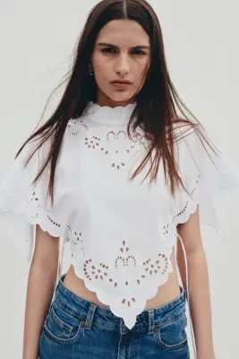 Top cape avec broderie anglaise - Blanc — photo 1