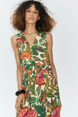 Robe midi avec encolure en V - Beige clair/fleuri — photo 2