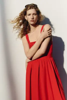 Robe ruchée en lin mélangé - Rouge — photo 2