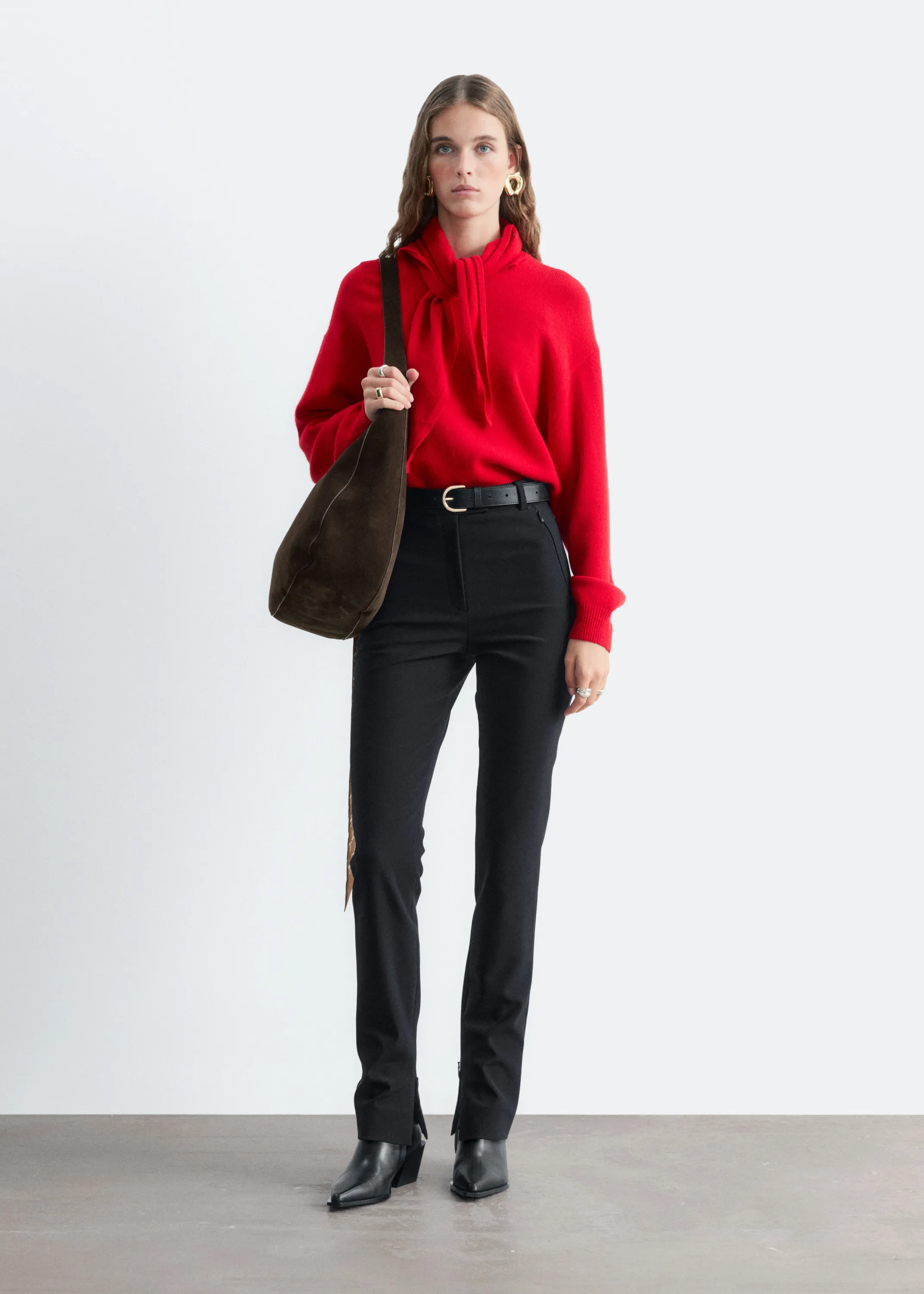 Pull en laine mérinos à écharpe - Rouge