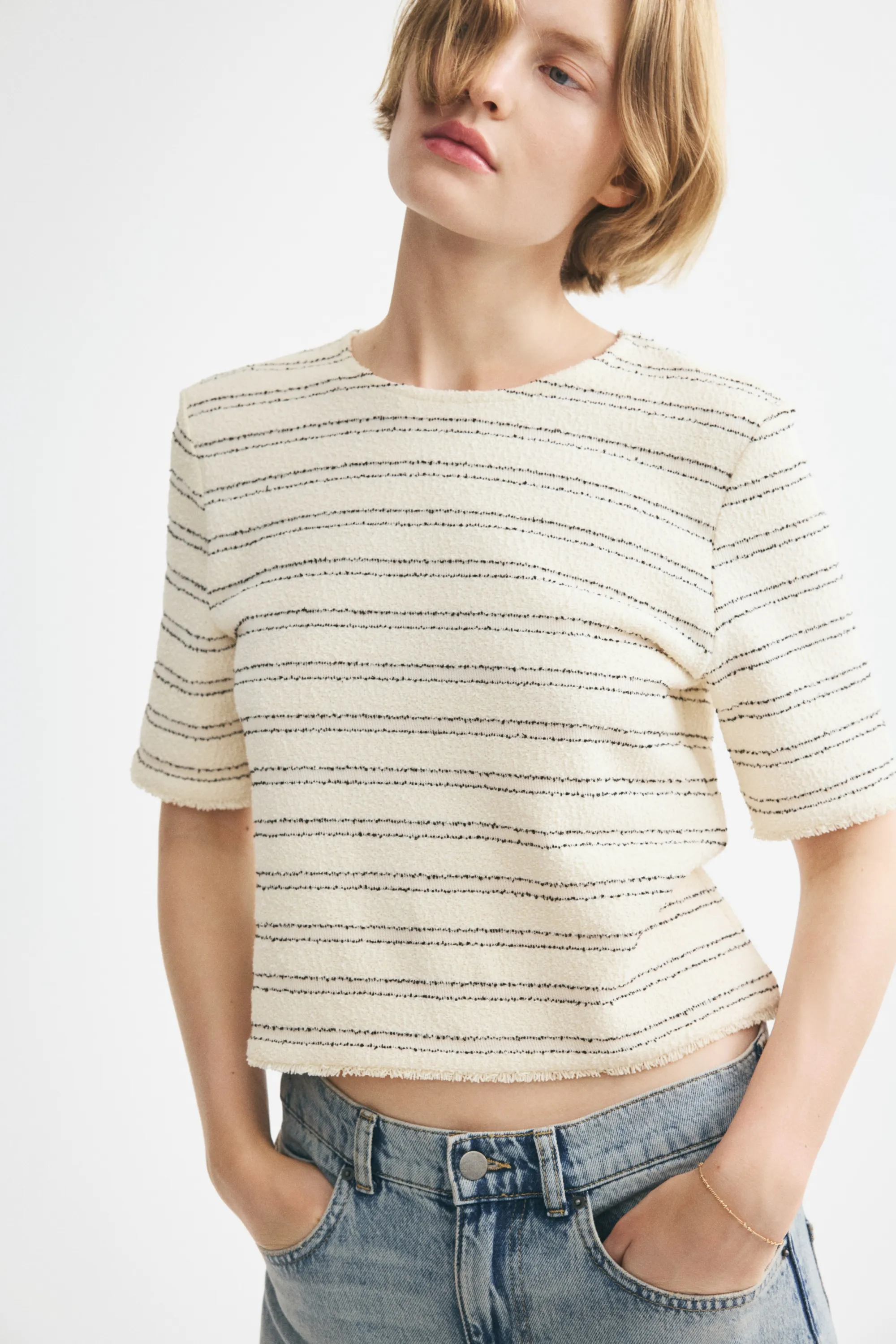 Top boxy à franges - Crème/rayé