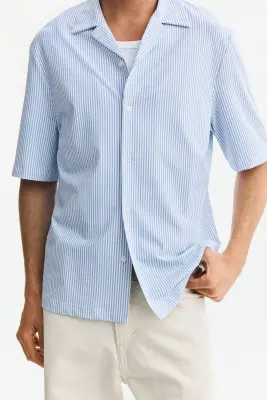 Chemise Regular Fit avec col cubain - Bleu clair/rayé — photo 1