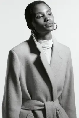 Manteau en laine mélangée avec ceinture à nouer - Beige clair chiné — photo 1
