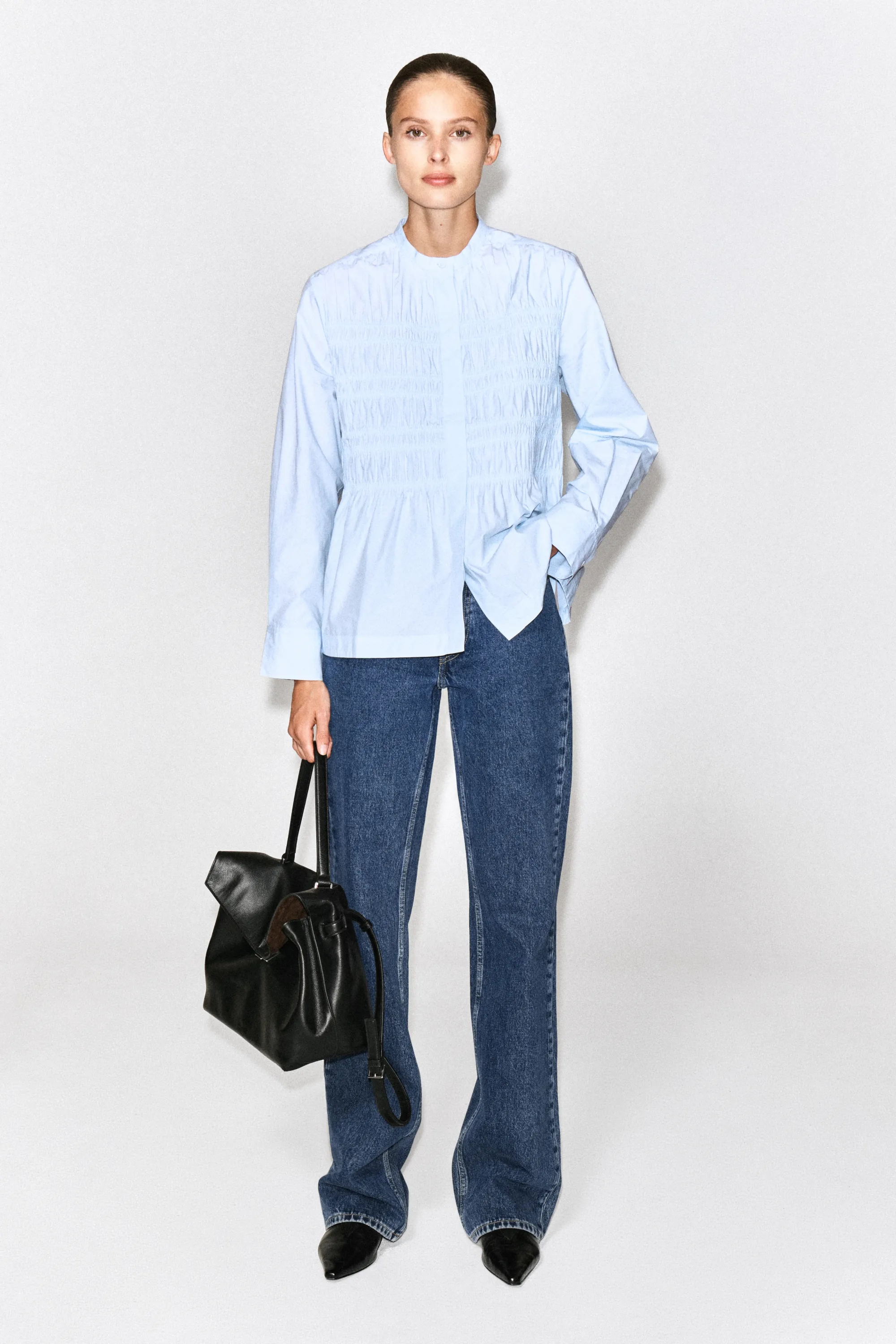 RUCHED COTTON BLOUSE - BLEU