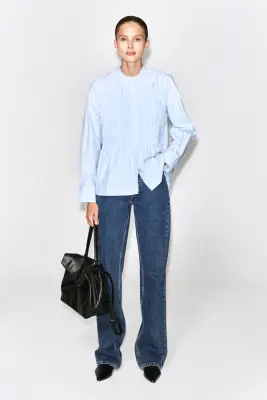 RUCHED COTTON BLOUSE - BLEU — photo 1