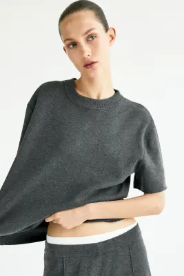 Pantalon large en maille fine - Gris foncé chiné — photo 2