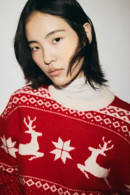 Pull oversize en maille jacquard - Rouge/motif — photo 2
