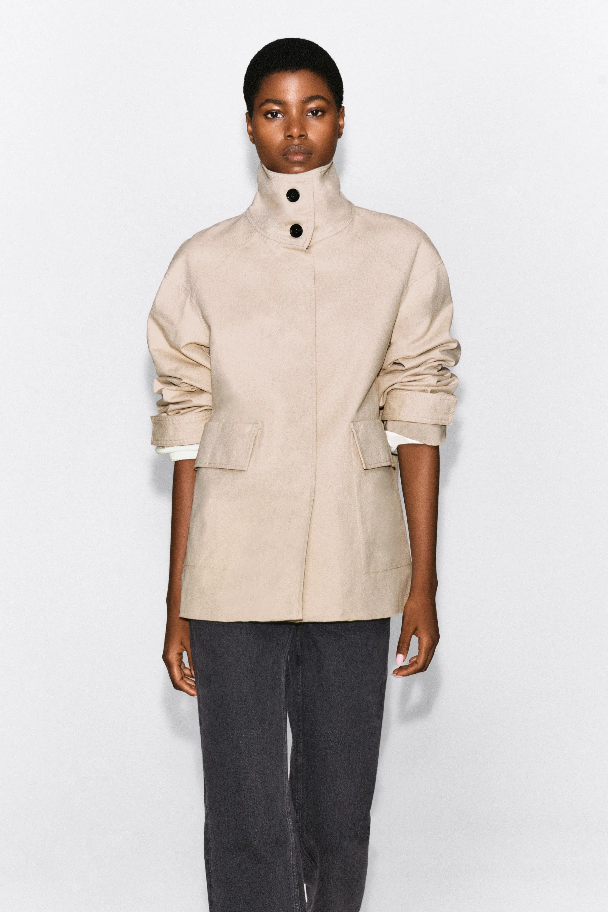 VESTE EN SERGÉ DE COTON À COL CHEMINÉE - BEIGE CLAIR