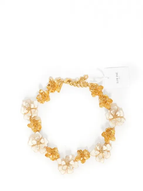 Collier à fleurs en laiton doré et émaille blanche
