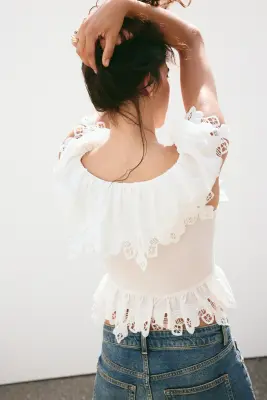 Blouse volantée avec broderie anglaise - Blanc — photo 2
