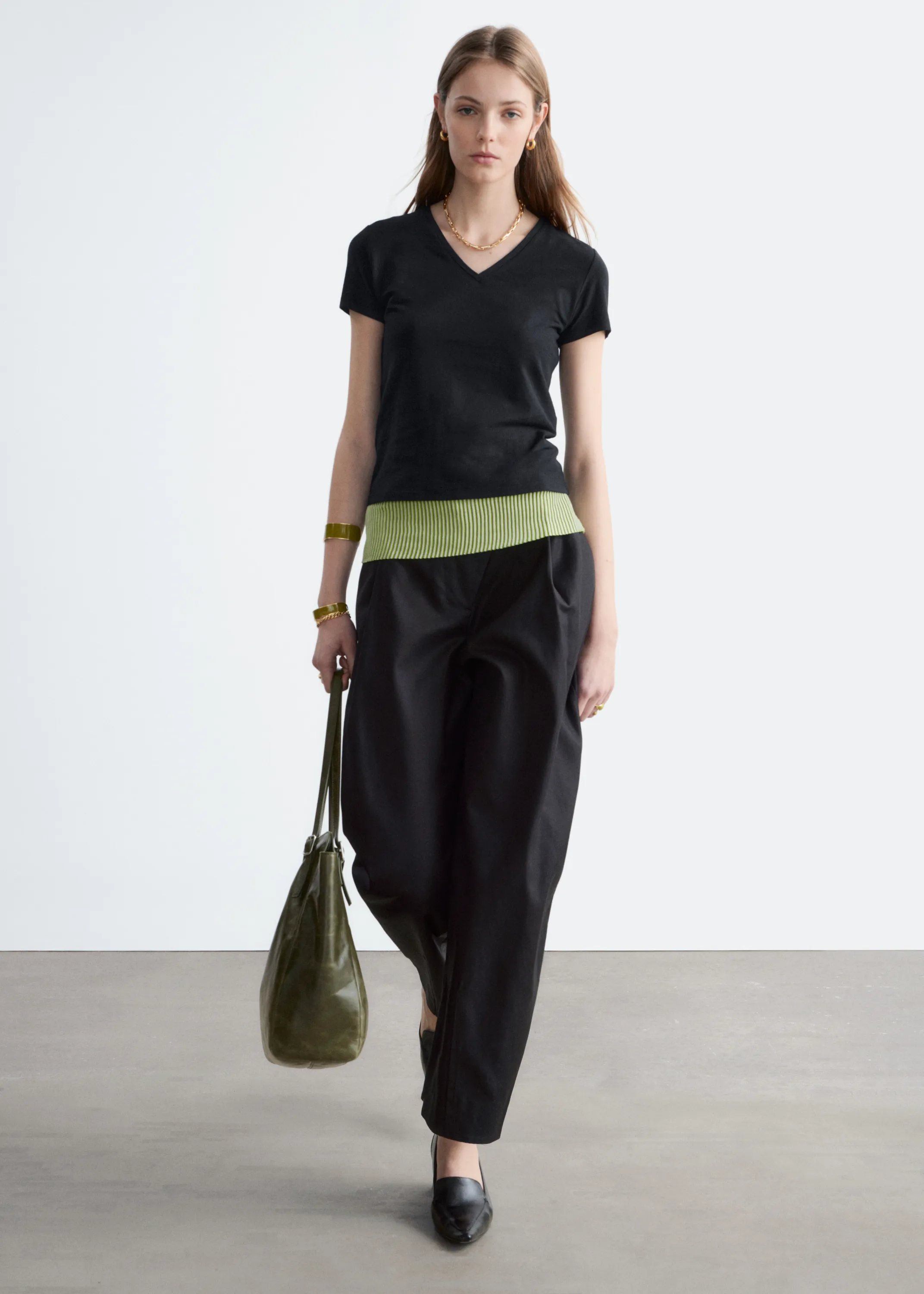 T-shirt col en V en coton - Noir