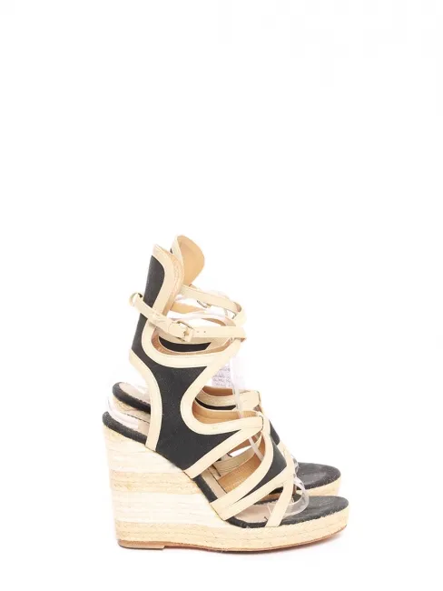 Sandales compensées talon espadrille beige et toile bleu marine Prix boutique 800€ Taille 39