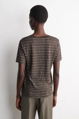 T-SHIRT LIN COL V - BRUN / BLANC / RAYURES — photo 3