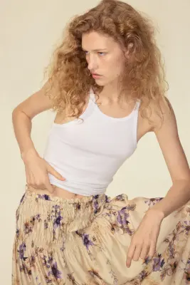 Jupe à taille smockée - Beige clair/fleuri — photo 3