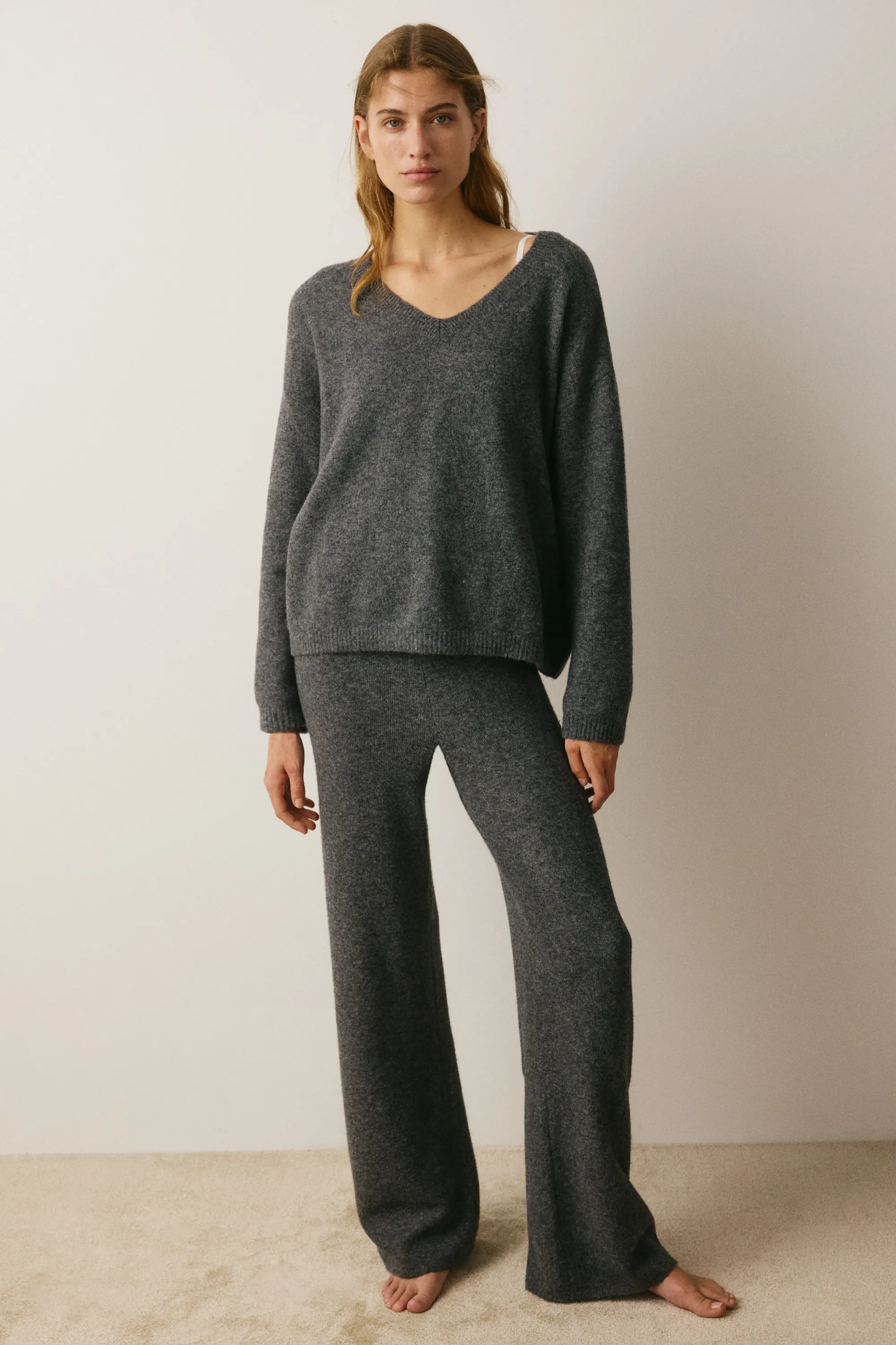 Pantalon large en maille - Gris foncé chiné