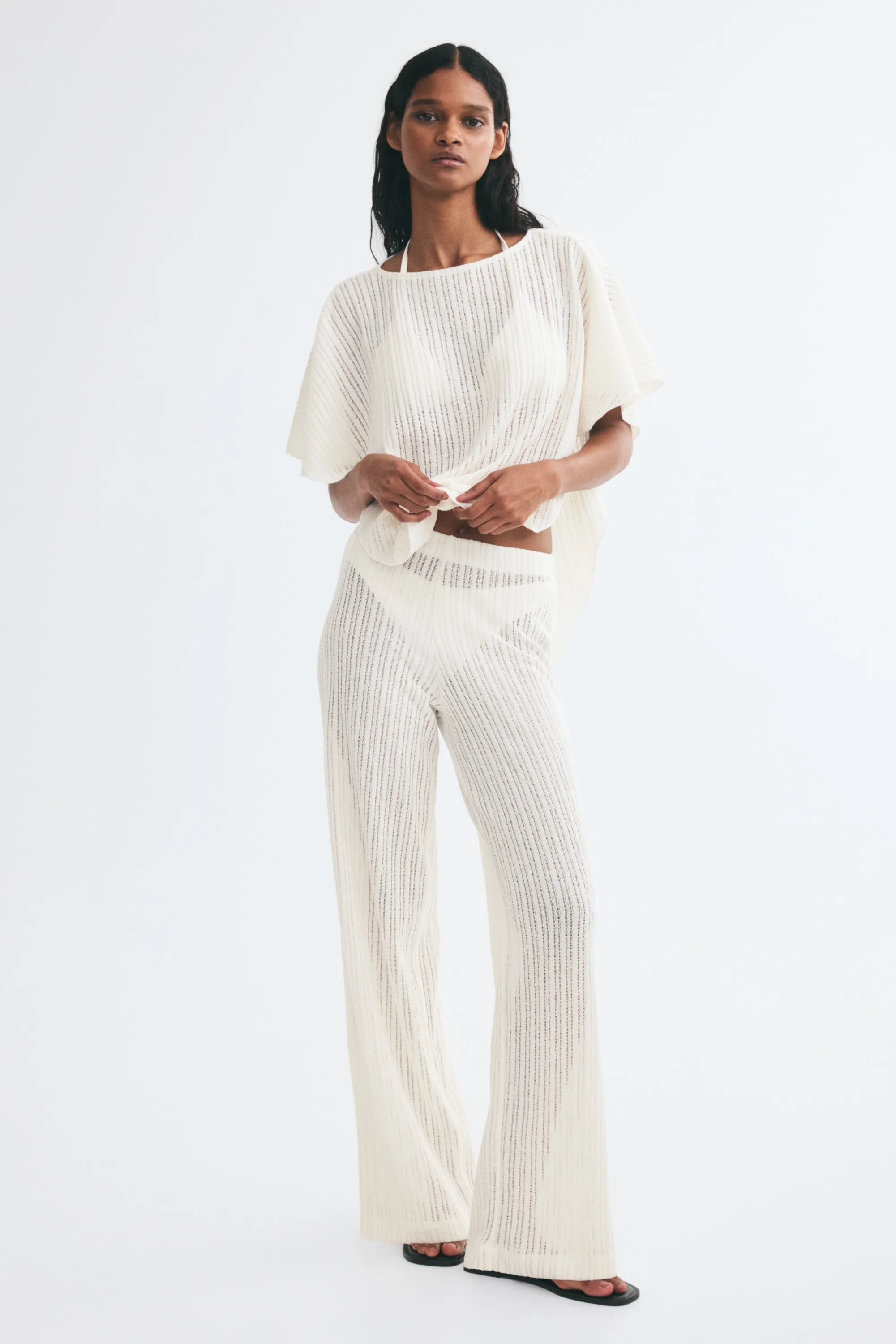 Pantalon en maille côtelée - Crème