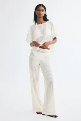 Pantalon en maille côtelée - Crème — photo 1
