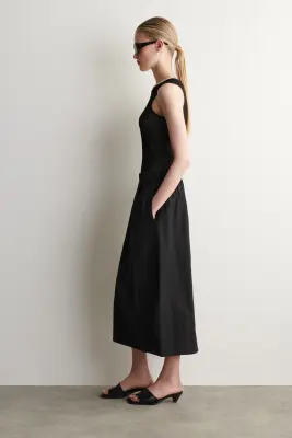 JUPE MIDI BALLON EN COTON ET LIN - NOIR — photo 1