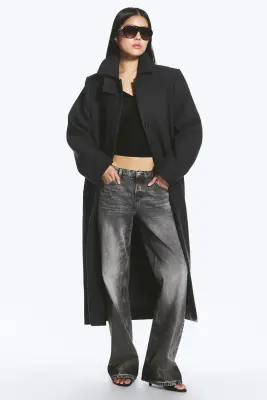 Manteau oversize en laine mélangée à boutonnage simple - Gris foncé chiné — photo 3
