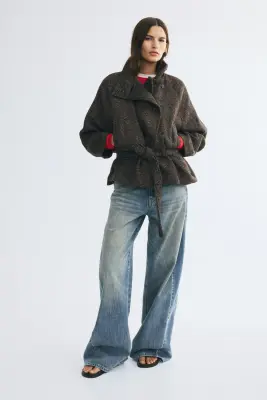 Veste à col droit avec ceinture - Gris foncé/motif chevrons — photo 3