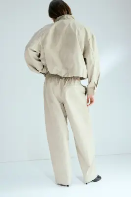 Pantalon en twill avec jambes barrel - Beige — photo 3