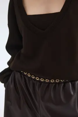 Pull à encolure en V - Marron foncé — photo 1