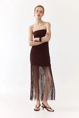 Robe bandeau à franges - Marron foncé — photo 2