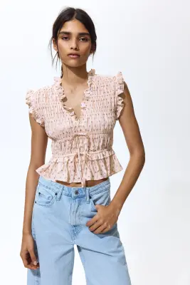Blouse sans manches smockée - Beige clair/fleuri — photo 3