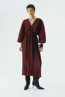 Robe froissée à encolure en V - Marron foncé — photo 3