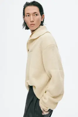 Pull Regular Fit en laine avec col châle - Beige clair — photo 4