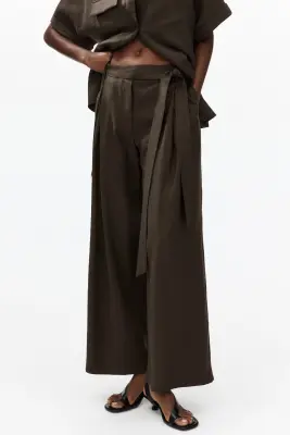 Pantalon en twill avec détail à nouer - Taupe foncé — photo 2
