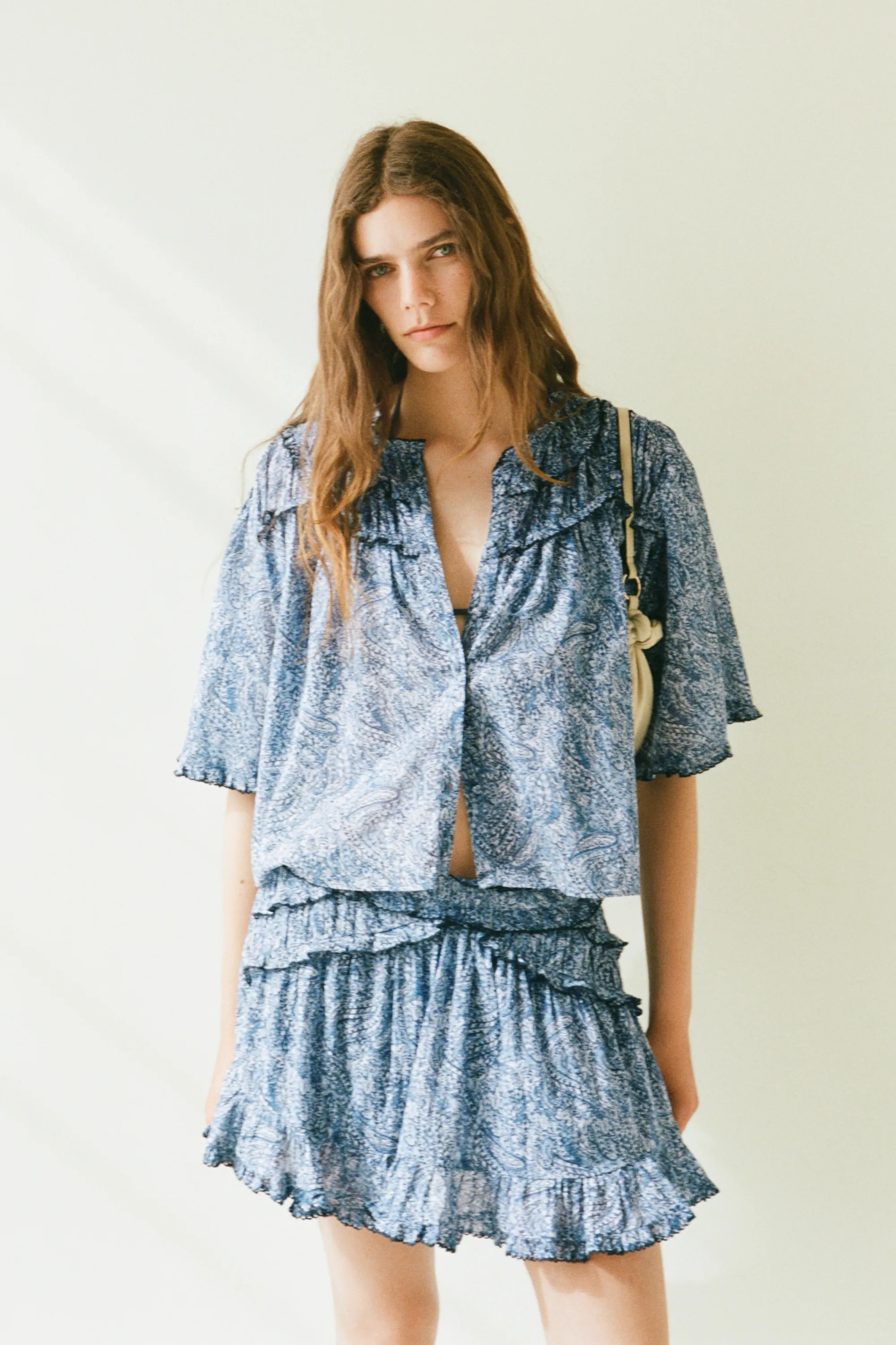 Blouse ruchée en coton - Bleu/motif cachemire