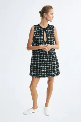 Robe en maille bouclette avec fente goutte d'eau - Noir/carreaux — photo 2