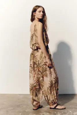 Combi-pantalon ballon avec bretelles à nouer - Rose pêche/motif — photo 1