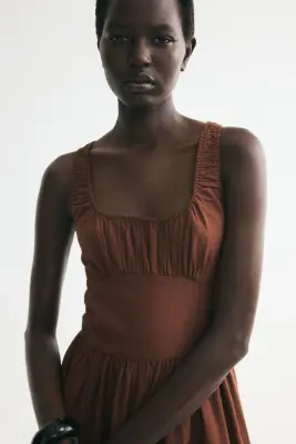 Robe ruchée en lin mélangé - Marron — photo 2